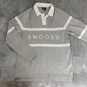 Nike Gray 1/4 Button 100% Cotton Swoosh Spellout Long Sleeve Polo Shirt Mens M